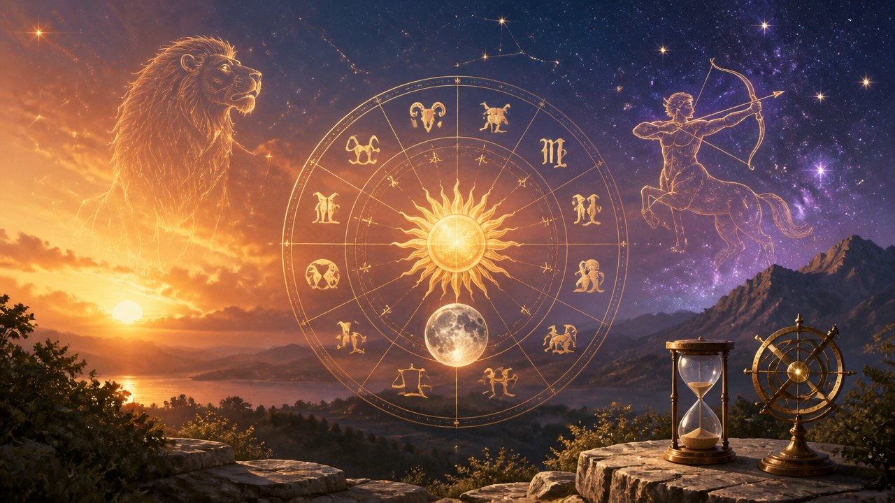 Céu estrelado com signos do zodíaco, leão e arqueiro iluminados, paisagem montanhosa ao pôr do sol