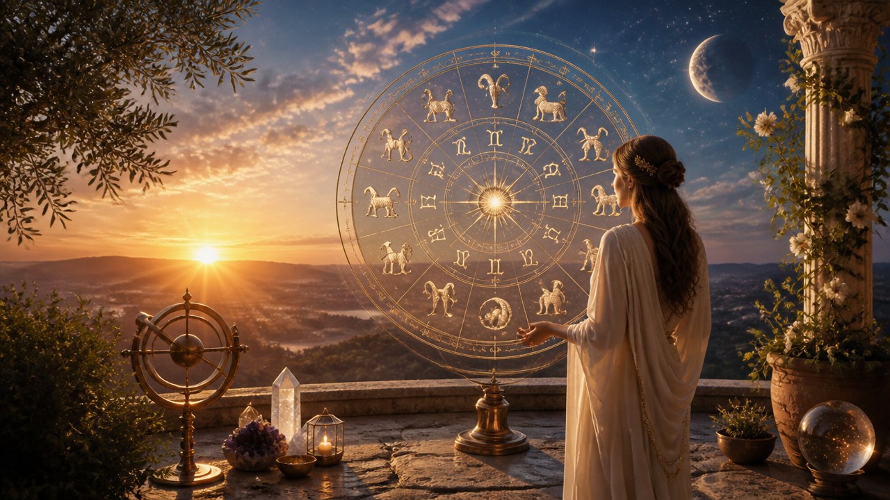 Mulher de costas observando um círculo com signos do zodíaco ao pôr do sol em cenário ao ar livre