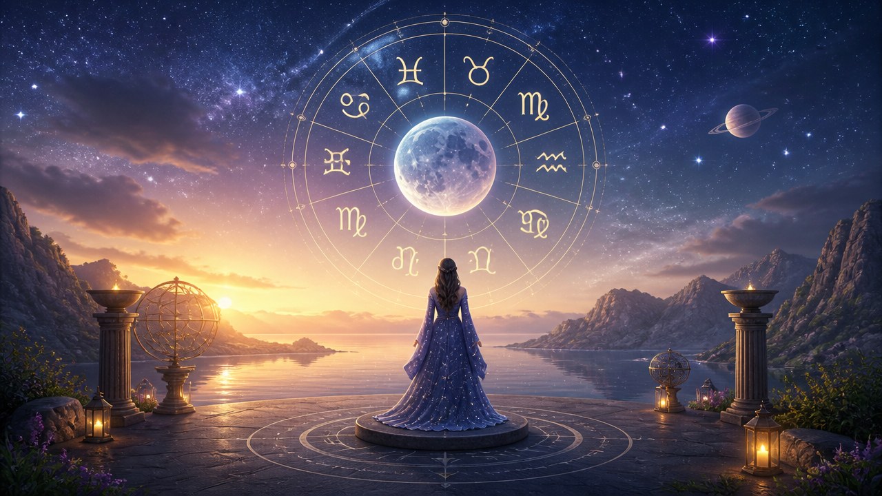 Mulher de costas em vestido azul observando signos do zodíaco em círculo luminoso no céu estrelado ao pôr do sol
