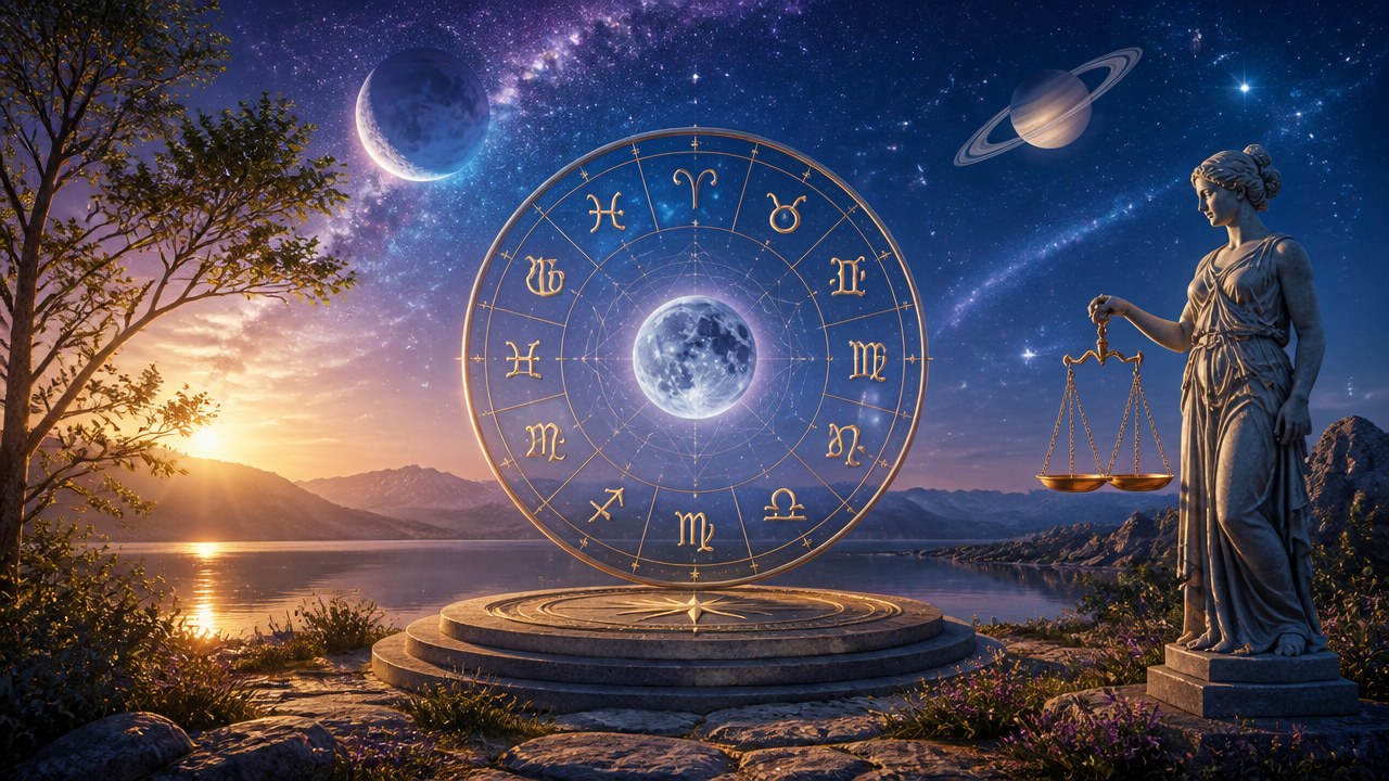 Círculo zodiacal com signos, lua ao centro, estátua da balança, planeta Saturno e paisagem ao pôr do sol