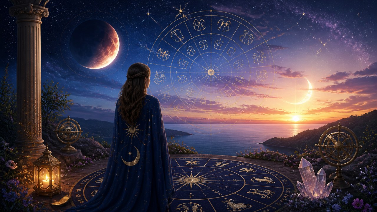 Mulher de costas com capa estrelada observa signos do zodíaco no céu ao pôr do sol à beira-mar
