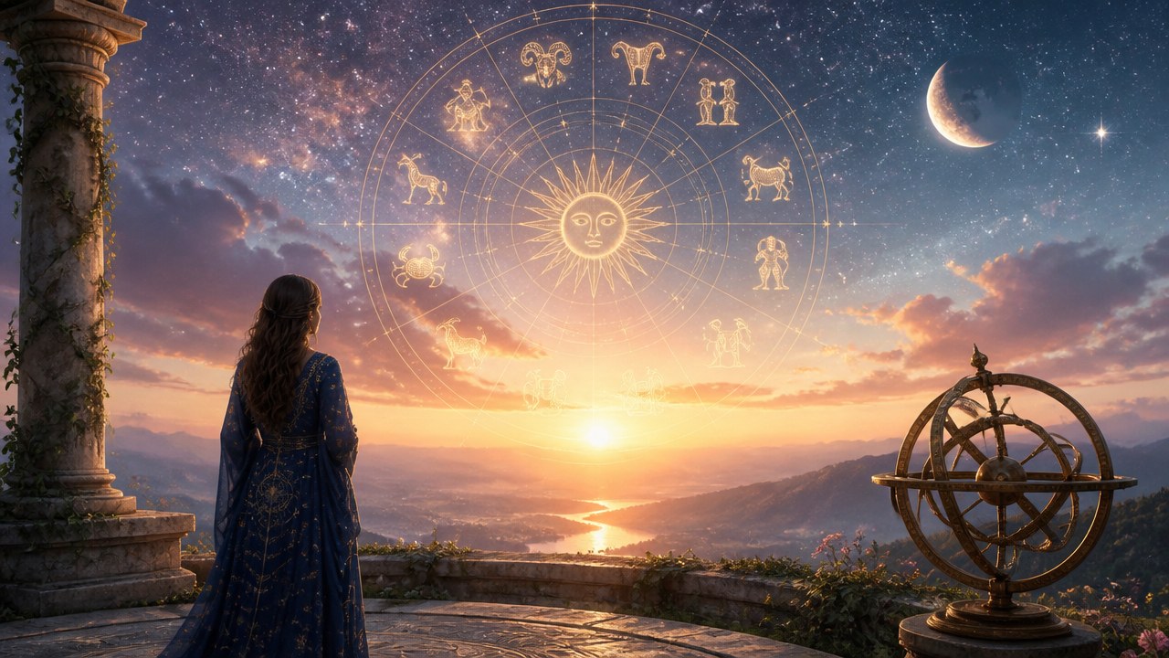 Mulher olhando para o céu ao pôr do sol com zodíaco e constelações visíveis