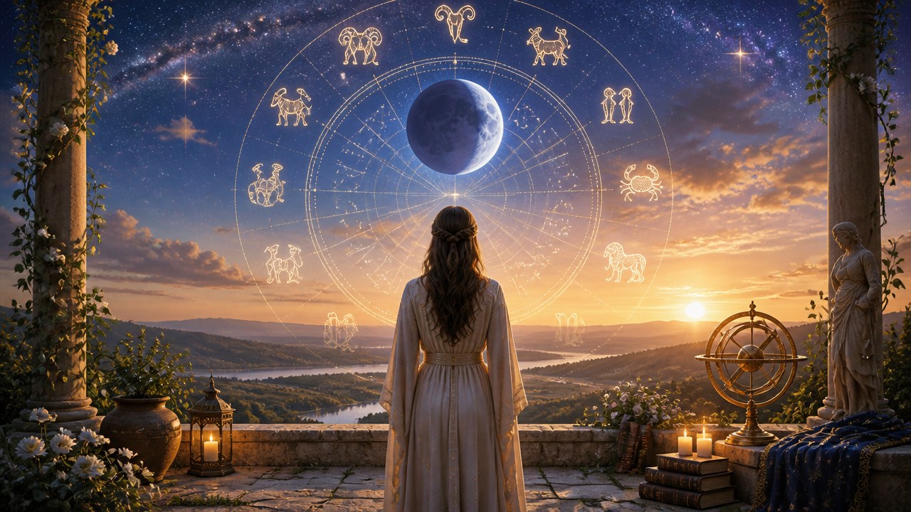 Mulher de costas olhando para céu estrelado com signos do zodíaco e lua cheia ao entardecer