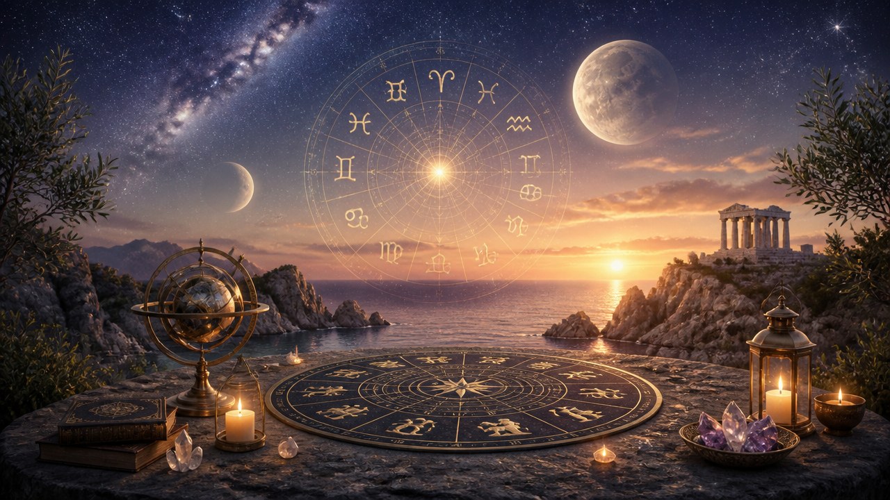Círculo zodiacal flutuante sobre paisagem com mar, templo grego, velas, livros e cristais ao entardecer
