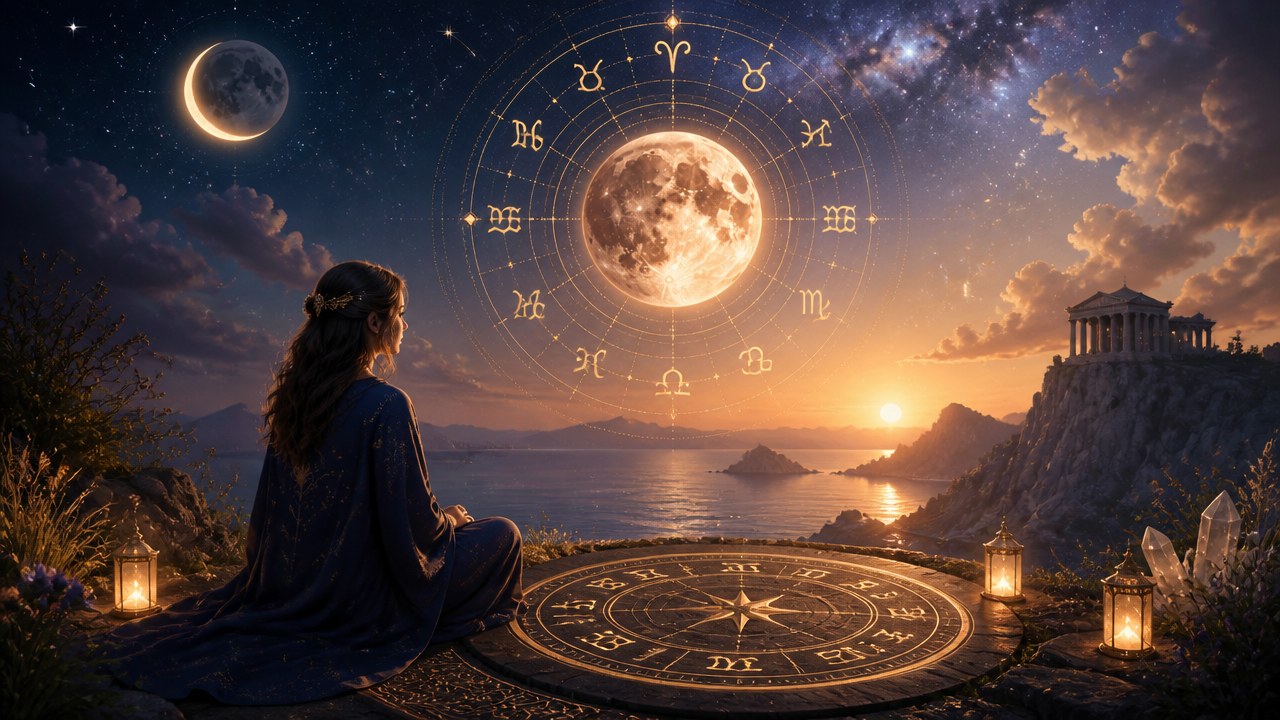 Mulher sentada em pedra observa lua cheia com zodíaco ao redor, lanternas acesas e templo ao pôr do sol