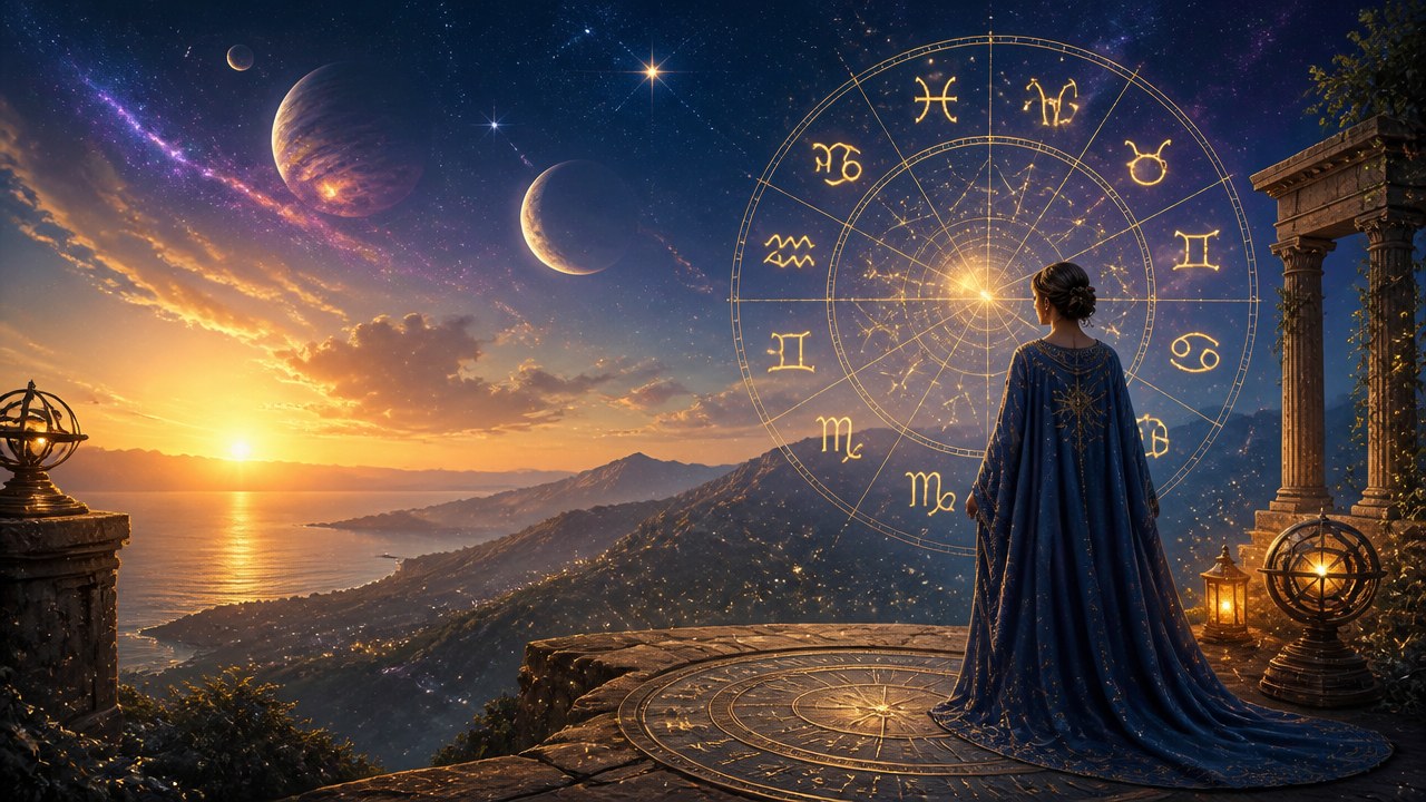 Pessoa de capa azul observa signos do zodíaco em círculo dourado sobre paisagem ao pôr do sol