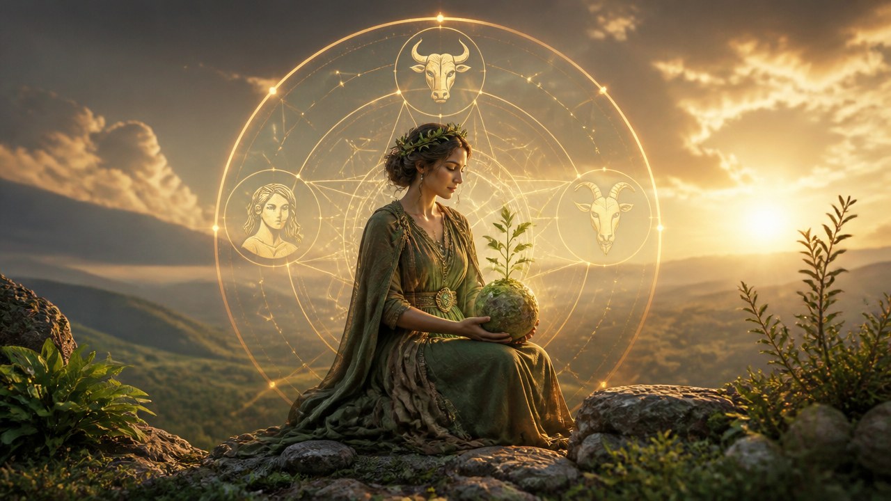 Mulher sentada em pedra segura esfera com planta, ao fundo símbolos dos signos de Touro, Virgem e Capricórnio