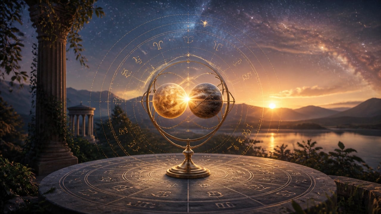 Dois planetas próximos com brilho intenso em suporte dourado sobre mesa com signos astrológicos ao pôr do sol
