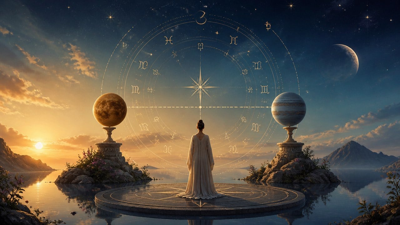 Pessoa de costas entre dois planetas em pilares, com céu estrelado e símbolos do zodíaco ao fundo