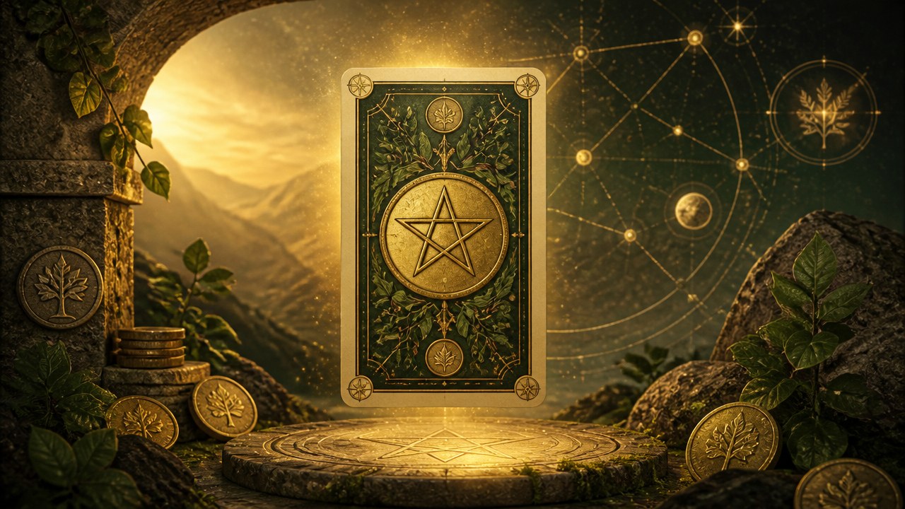 Arte editorial mística sobre Naipe de Ouros no Tarot: significado, cartas e simbolismos