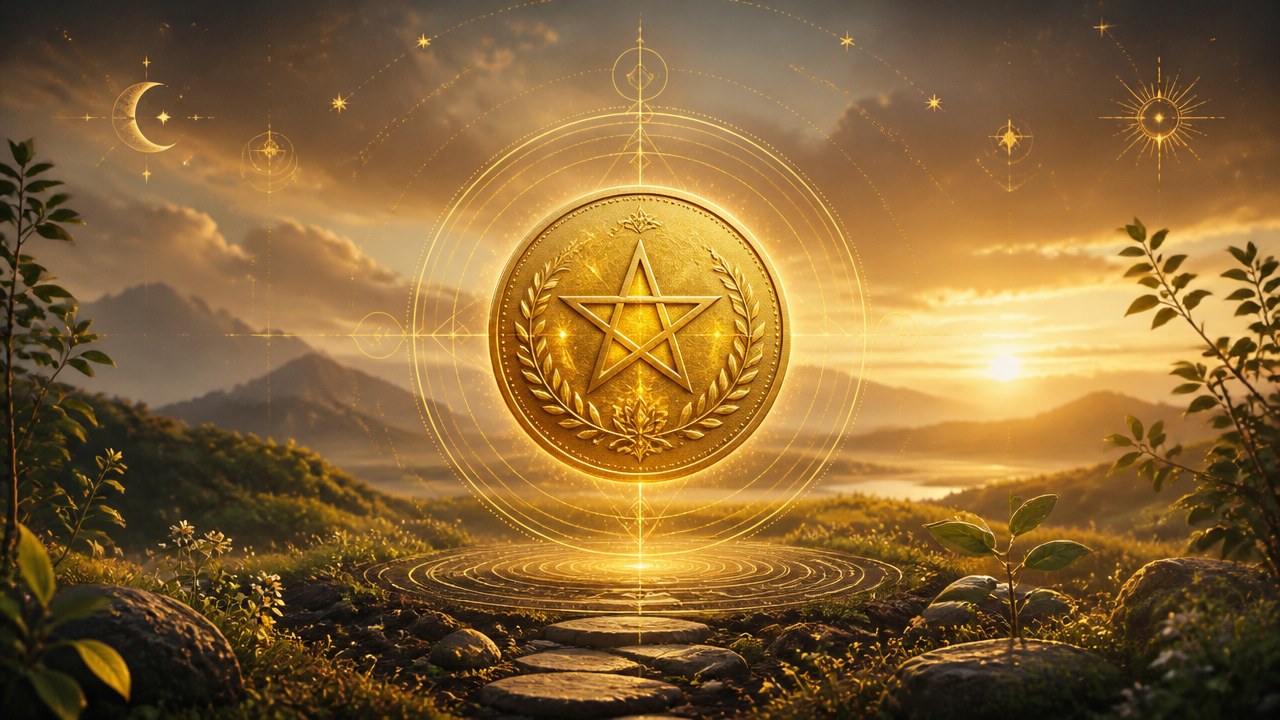 Arte editorial mística sobre Ás de Ouros no Tarot: significado, amor, trabalho e finanças