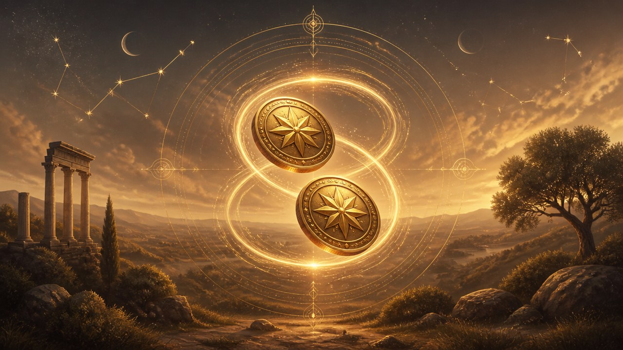 Arte editorial mística sobre Dois de Ouros no Tarot: significado, amor, trabalho e finanças
