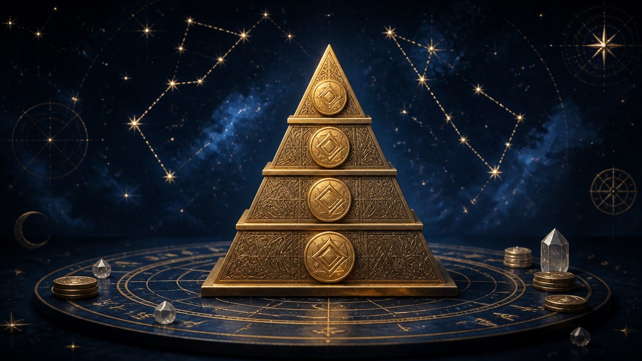 Arte editorial mística sobre Quatro de Ouros no Tarot: significado, amor, trabalho e finanças