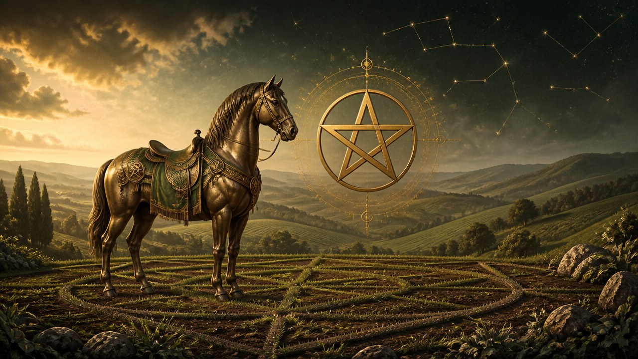 Arte editorial mística sobre Cavaleiro de Ouros no Tarot: significado, amor, trabalho e finanças