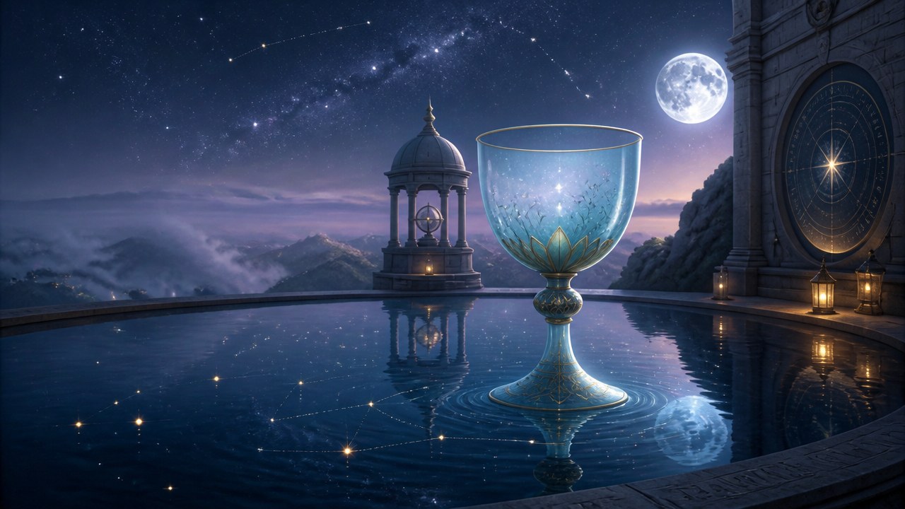 Arte editorial mística sobre Naipe de Copas no Tarot: significado, cartas e simbolismos
