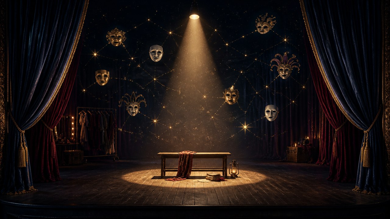 Arte editorial mística sobre Como cada signo seria no teatro amador?