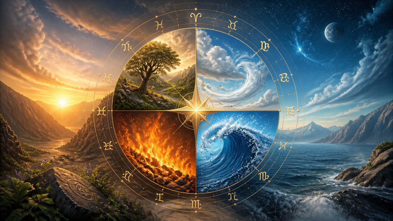 Roda zodiacal com símbolos dos signos e quatro quadrantes representando terra, fogo, água e ar