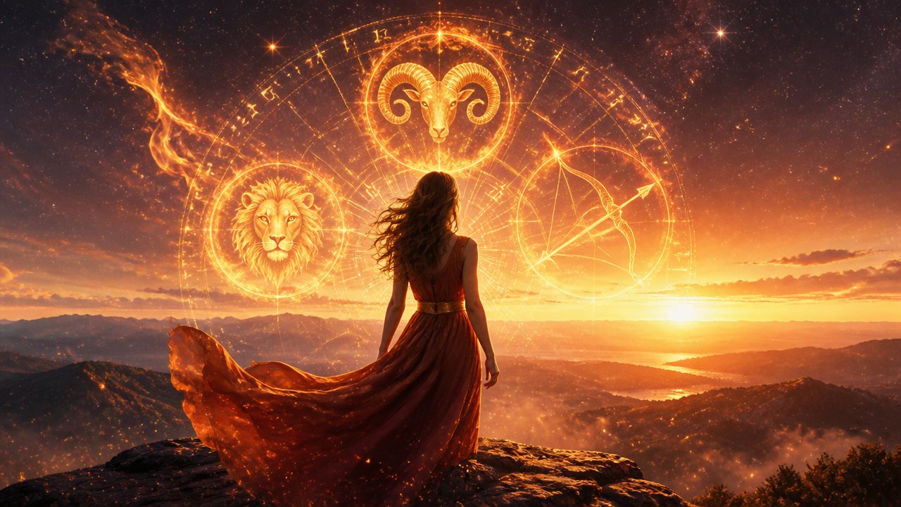 Mulher de vestido vermelho em montanha com símbolos dos signos de Áries, Leão e Sagitário ao pôr do sol