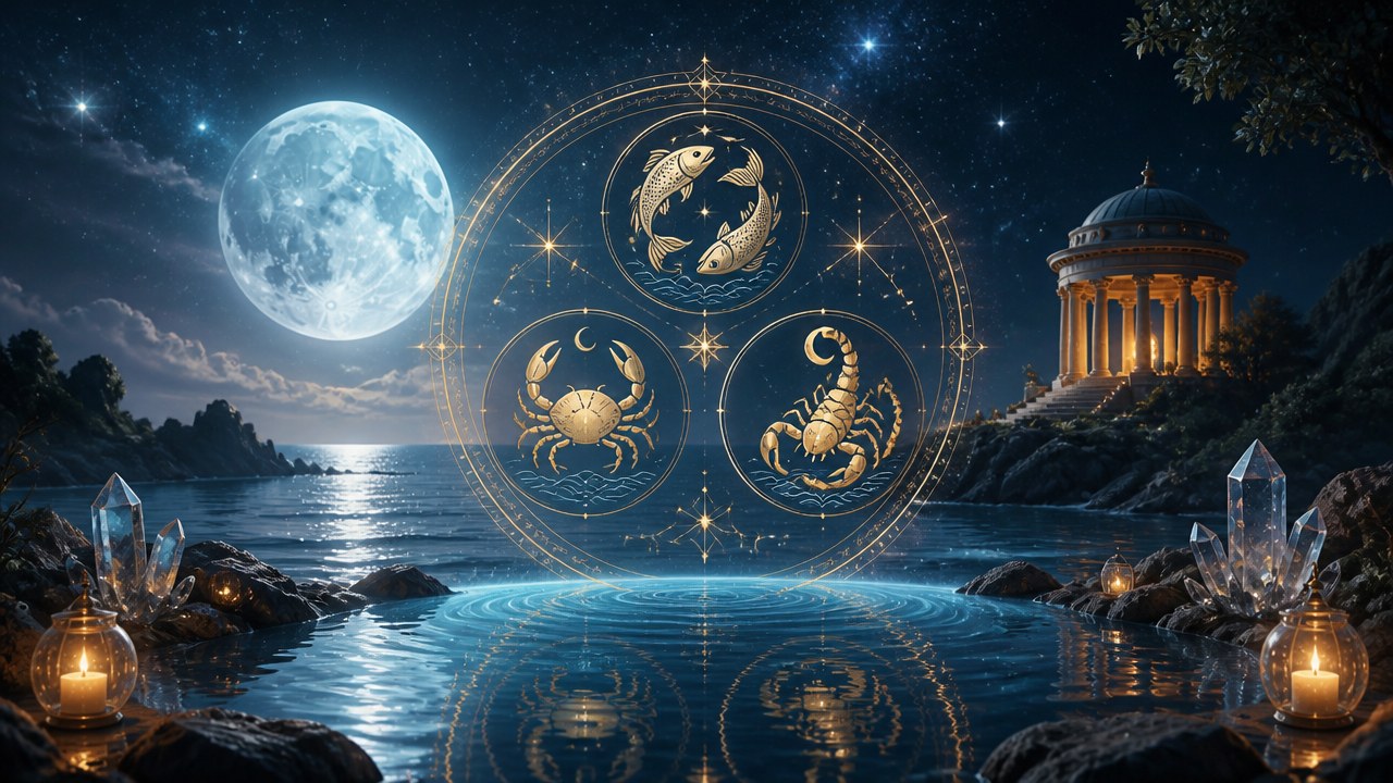 Lua cheia sobre o mar com símbolos dos signos de Peixes, Câncer e Escorpião em círculo dourado flutuando na água