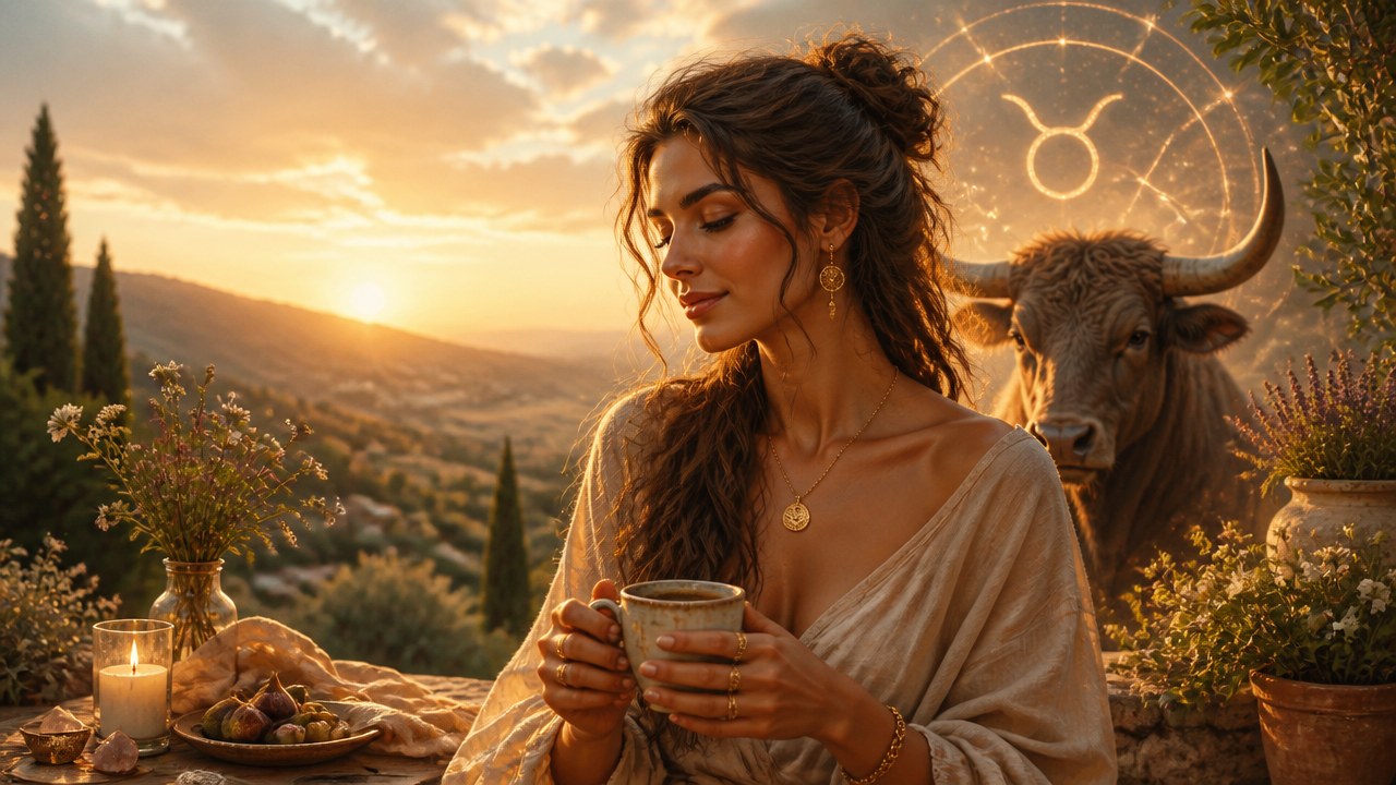 Mulher segurando uma xícara de café com o glifo do signo de touro ao fundo em uma linda paisagem ao pôr do sol