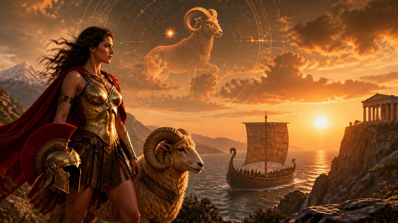 Guerreira com armadura dourada e capa vermelha ao lado de carneiro, com navio e templo ao pôr do sol