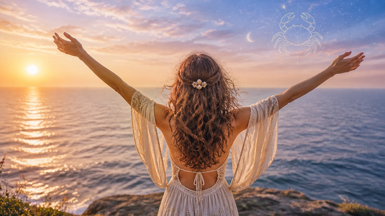 Mulher de costas com braços abertos olhando para o mar ao pôr do sol, com símbolo de câncer estampado no céu