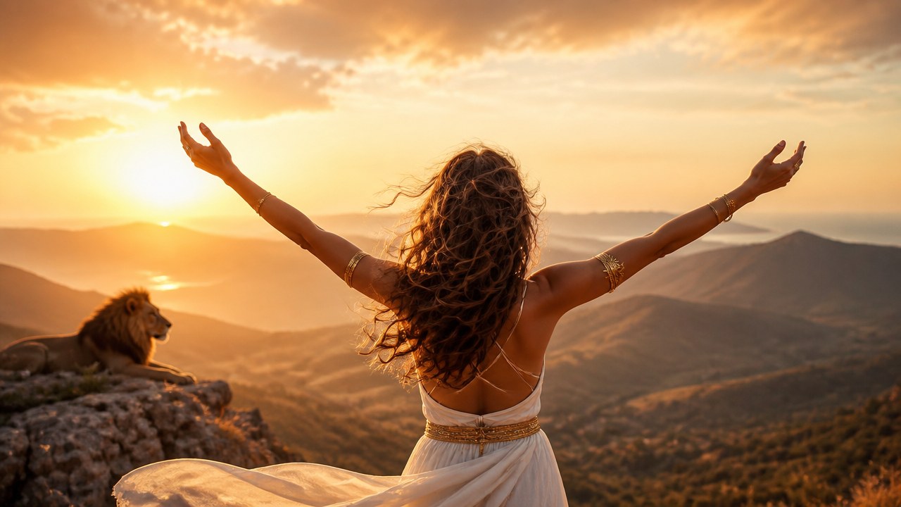 Mulher de costas com braços abertos ao pôr do sol em montanha, com leão sentado em uma pedra ao lado dela.