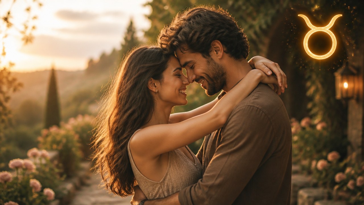 Casal abraçado e sorridente em jardim ao pôr do sol com símbolo de Touro iluminado ao fundo