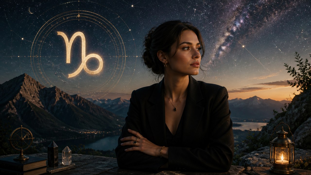 Mulher pensativa com cabelo preso, usando blazer preto, ao ar livre ao entardecer com montanhas e lago ao fundo e símbolo de Capricórnio no céu