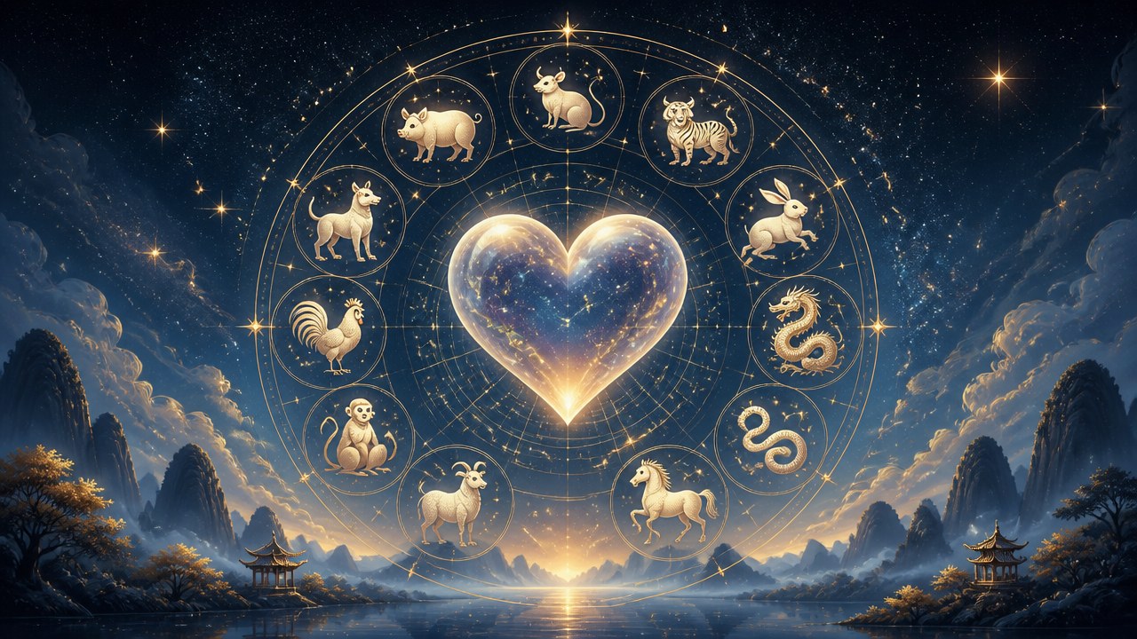 Arte editorial mística sobre Horóscopo Chinês e o amor