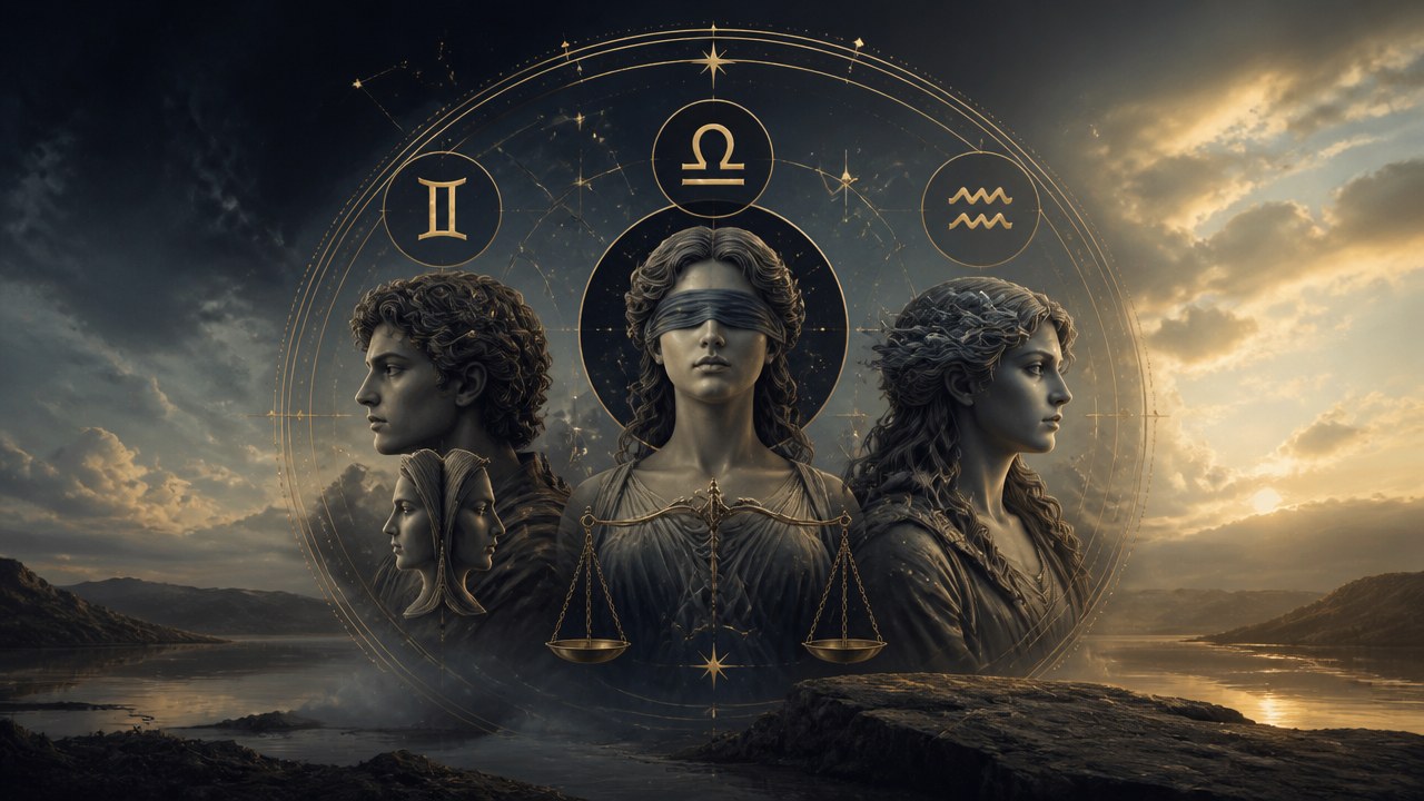 Três mulheres representando os signos de Gêmeos, Libra e Aquário com símbolos astrológicos e céu ao fundo