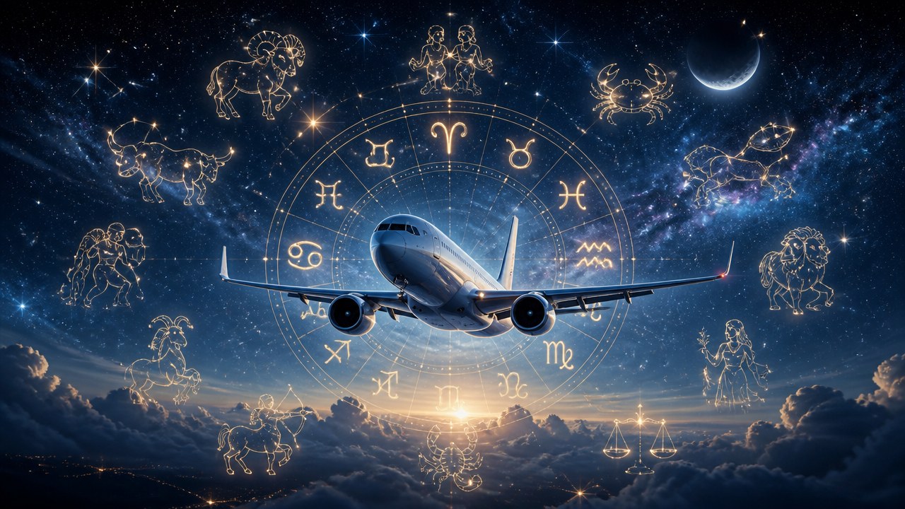 Arte editorial mística sobre Signos dentro de um avião
