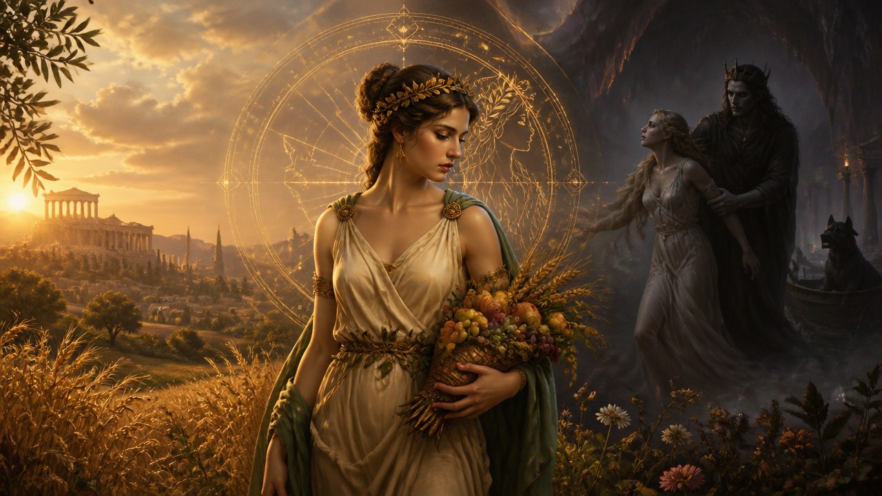 Mulher com vestido antigo segurando cesto de frutas em campo dourado ao pôr do sol com templo grego ao fundo