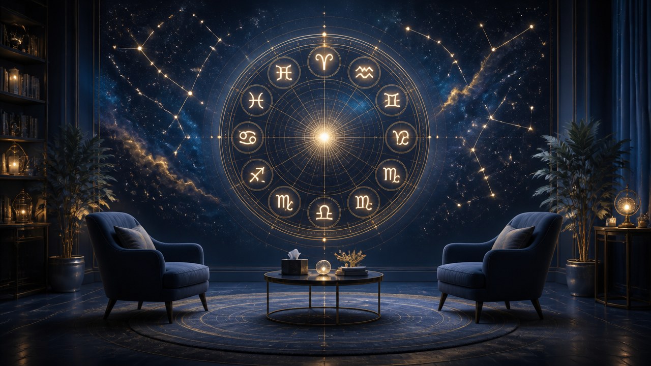 Arte editorial mística sobre Os signos na terapia