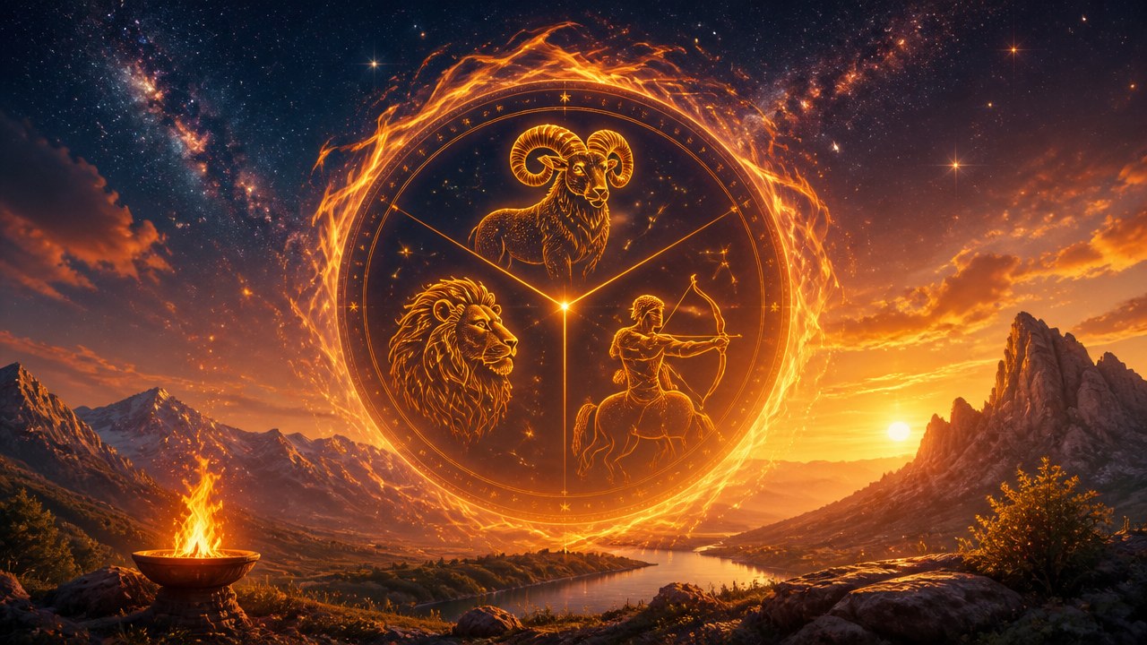 Símbolos dos signos de fogo Áries, Leão e Sagitário em círculo brilhante sobre paisagem montanhosa ao pôr do sol