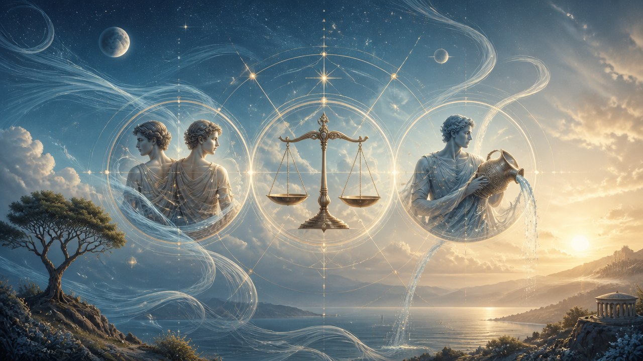 Representações artísticas dos signos Gêmeos, Libra e Aquário com céu, mar e pôr do sol ao fundo