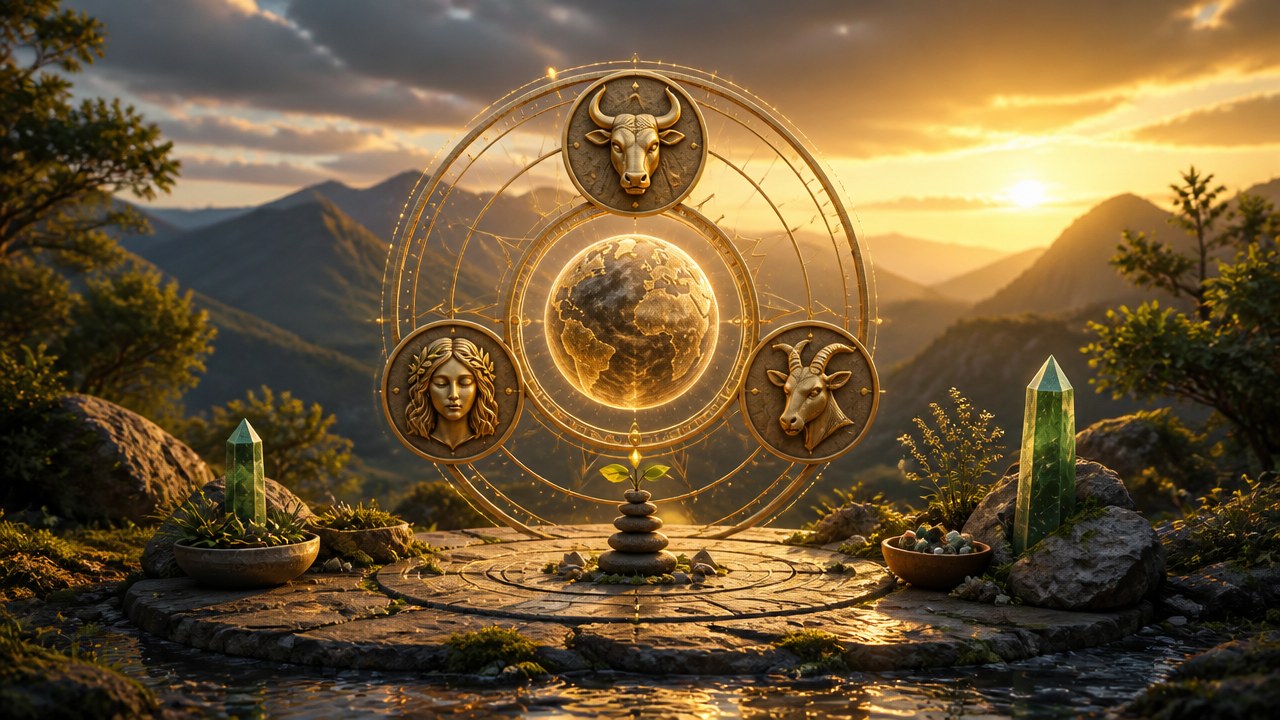 Símbolos dos signos de Terra em círculo dourado sobre paisagem montanhosa ao pôr do sol