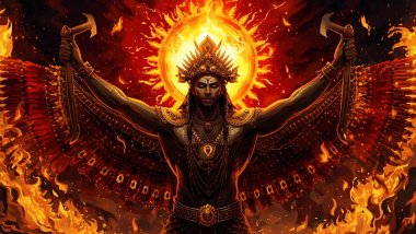 Imagem do orixá Xangô que irradia poder, equilíbrio e senso de justiça. É representado pelas cores vermelha e marrom. Seu elemento é o fogo, que purifica, ilumina e revela a verdade, e suas ferramentas são o machado de dois gumes.