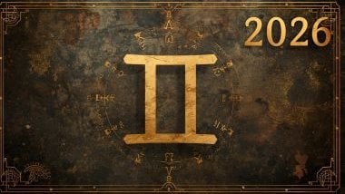 Glifo do signo de gêmeos e o ano de 2026 acoplado na imagem no canto superior direito.