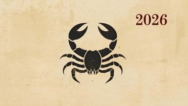 Glifo do signo de escorpião com o ano de 2026 acoplado a imagem, no canto superior direito.