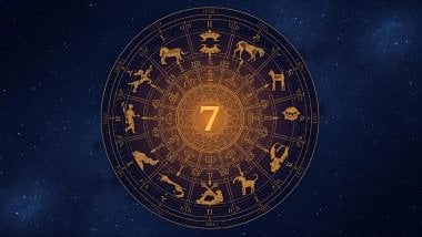 Imagem de uma mandala astrológica com os 12 signos do zodíaco e no centro da imagem o número 7 em destaque, simbolizando a Casa 7.