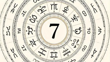 Imagem de uma mandala astrológica nas cores bege, branco e preto, com os 12 signos do zodíaco e no centro da imagem o número 7 em destaque, simbolizando a Casa 7.