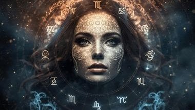 Imagem nas cores azul e marrom e em destaque a foto do rosto de uma mulher bonita e em destaque os 12 elementos dos signos do zodíaco.