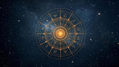 Imagem de uma mandala astrológica na cor laranja e ao fundo a foto do universo