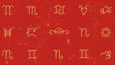 Imagem de fundo do universo na cor vermelho e dourado e em destaque os 12 glifos dos signos do zodíaco.