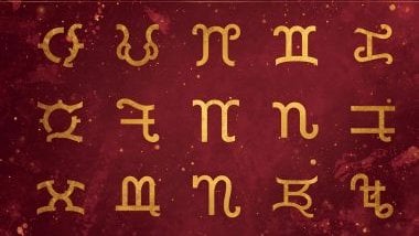 Imagem de uma mandala astrológica com os 12 glifos dos signos nas cores bordô e dourado.