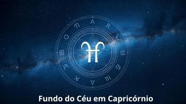 Imagem de uma mandala astrológica com o Glifo de Capricórnio ao centro e a palavra fundo do céu em Capricórnio.