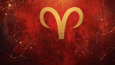 Imagem de fundo vermelho e alguns elementos em dourado e o glifo do signo de áries em destaque