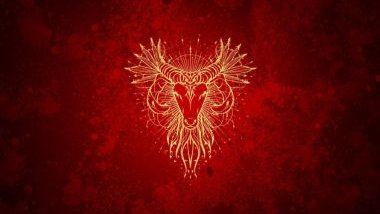 Imagem de fundo vermelho e alguns elementos em dourado e o glifo do signo de áries em destaque