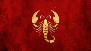 Imagem de fundo vermelho e alguns elementos em dourado e o glifo do signo de escorpião em destaque.